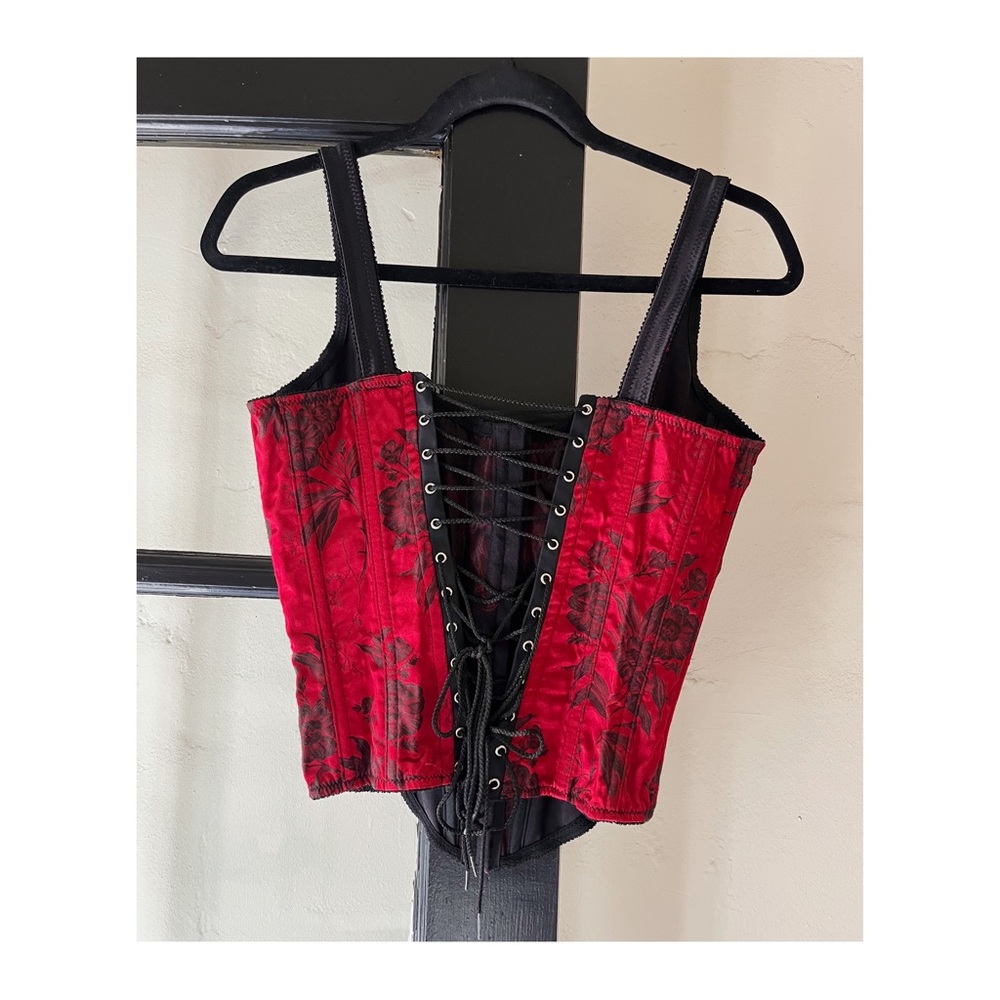 Vintage Victoria’s Secret Floral Satin Red & Black Bustier Corset Top - Picture 2 of 3